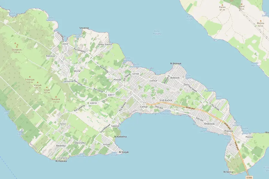 Mapa ostrova Vir, špendlík ukazuje apartmán v ulici Sokol